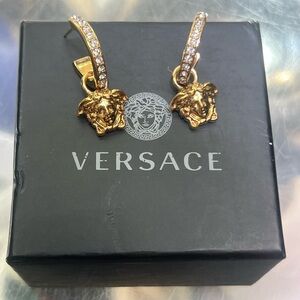 Versace Gold Medusa Charm Hoop Earring with Clear Crystals
